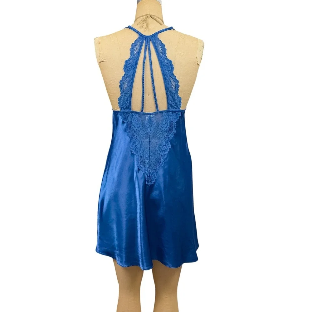 Coquette Blue Lace Chemise Nightie Strappy Back Satin Romantic Dainty One Size